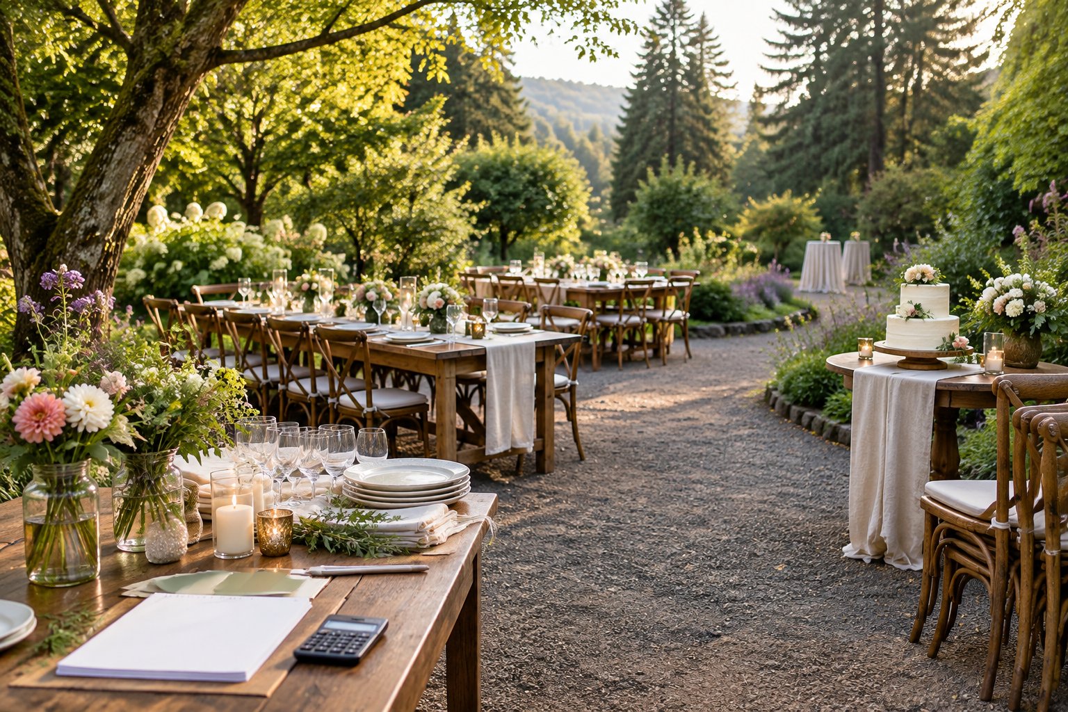 An elegant garden wedding reception with decorated tables, flowers, and subtle budgeting materials.