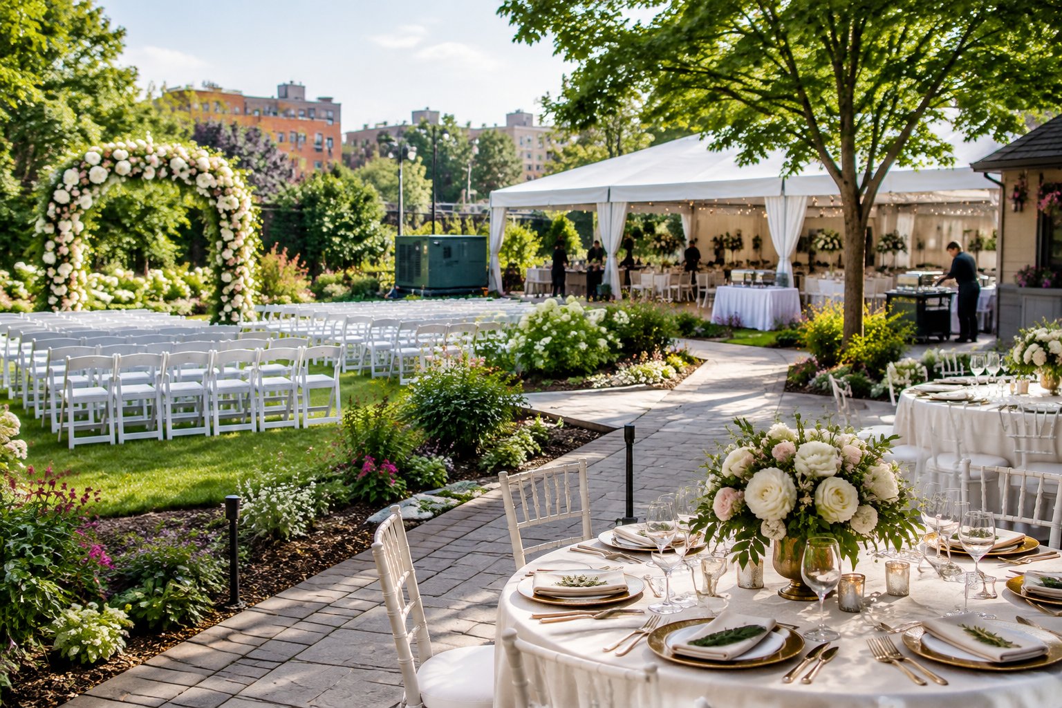 An elegant garden wedding venue in Queens arranged with ceremony chairs, a floral arch, reception tables, and event staff preparing the space.
