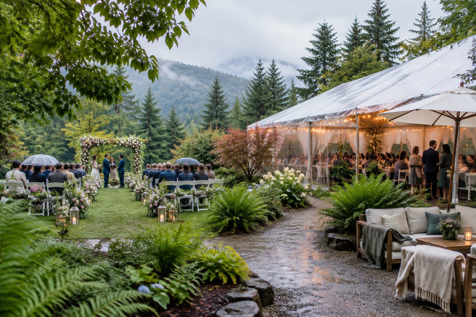 An outdoor wedding ceremony in a lush Oregon garden with a covered reception area and guests prepared for cool, wet weather.