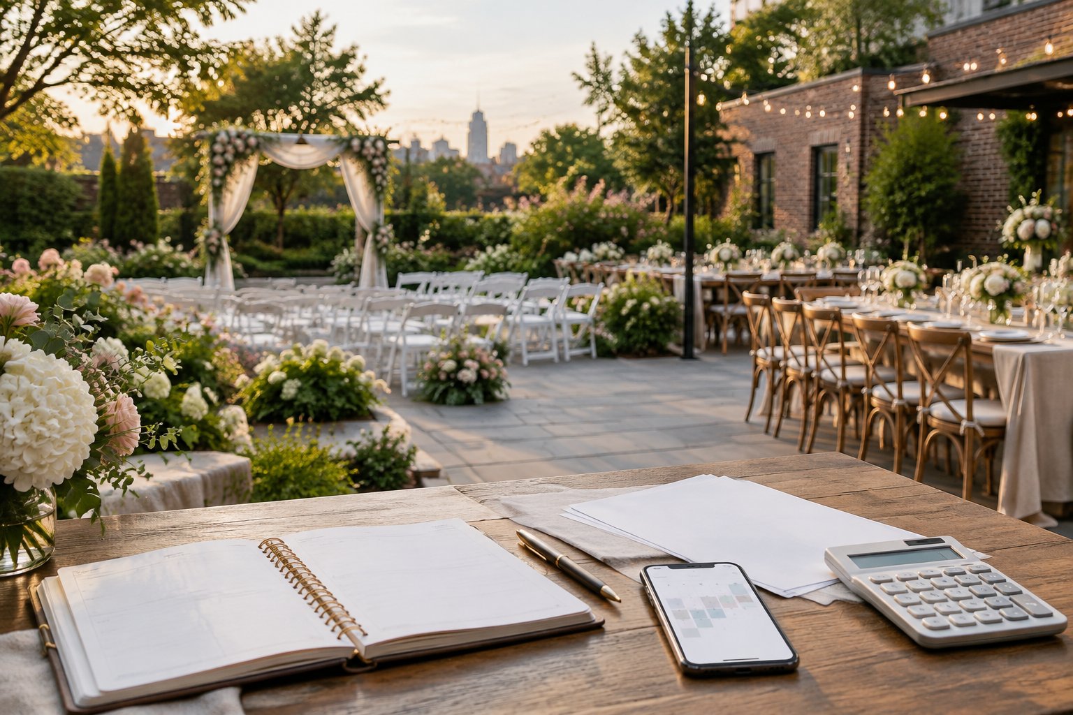 An elegant Queens garden wedding venue with decorated tables, ceremony chairs, and a wedding budget planner in the foreground.