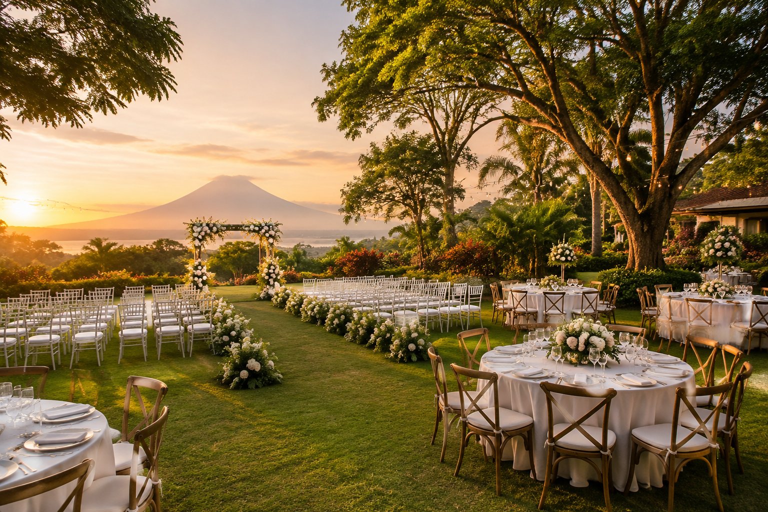 Elegant garden wedding venue with a flower-covered ceremony arch, white chairs, manicured lawns, and decorated reception tables.