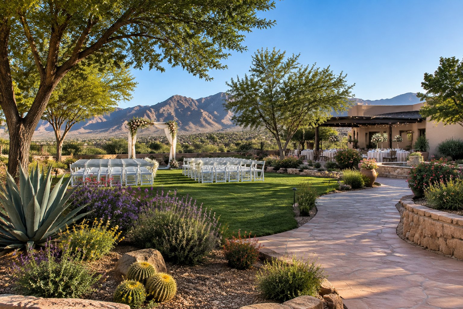 A landscaped garden wedding venue in El Paso with desert plants, flowering shrubs, trees, a floral ceremony arch, and rows of white chairs.