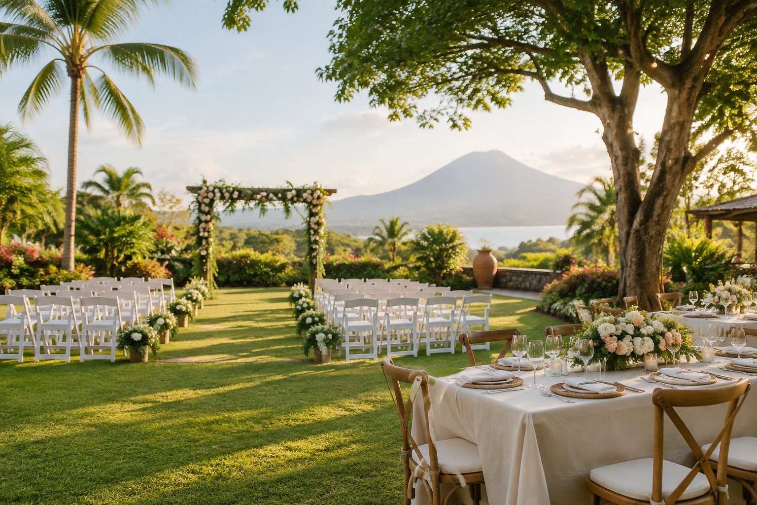 An elegant garden wedding venue with floral decorations, white chairs, and a reception table surrounded by lush greenery.