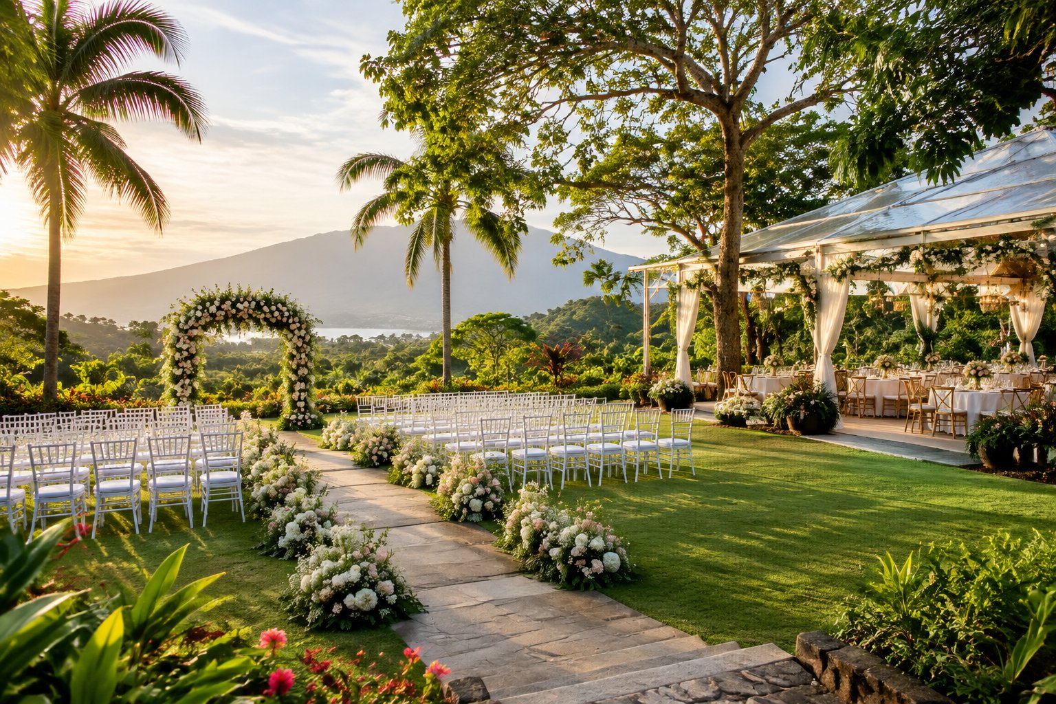 An elegant outdoor wedding ceremony and reception setup in a lush tropical garden with floral decorations and distant mountains.