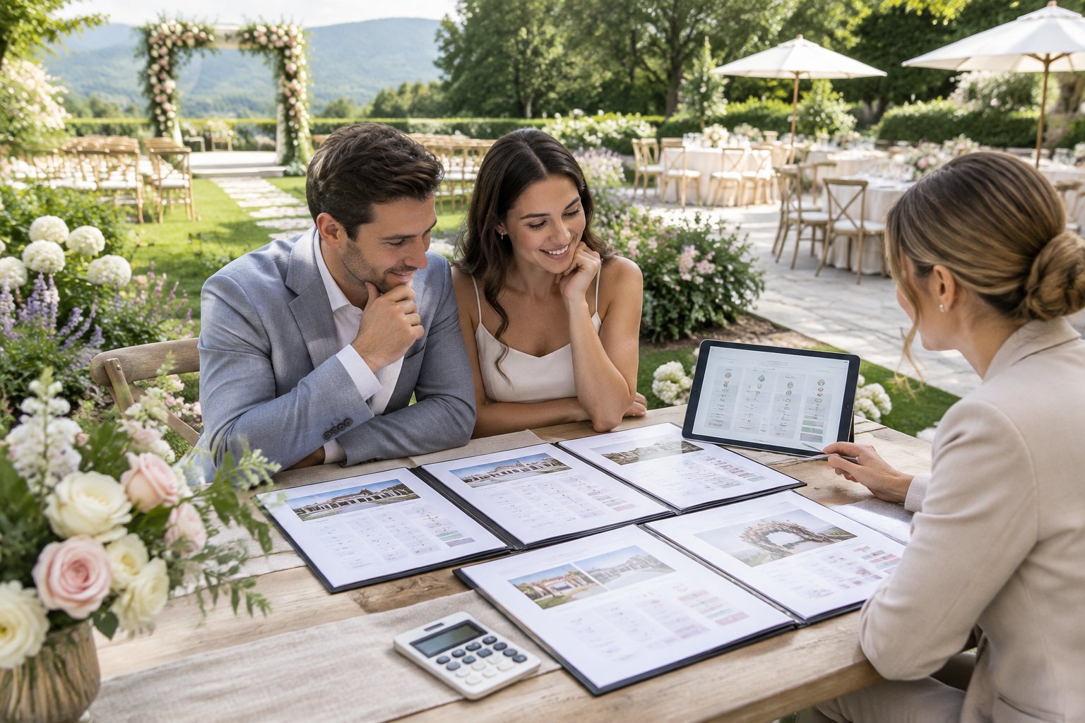 A couple and wedding planner compare venue packages at a table in a landscaped garden wedding venue.