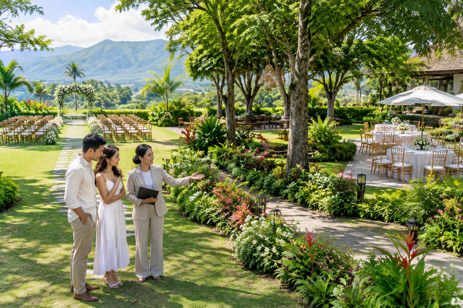 A couple and wedding planner compare several landscaped garden areas at a tropical wedding venue in Batangas.