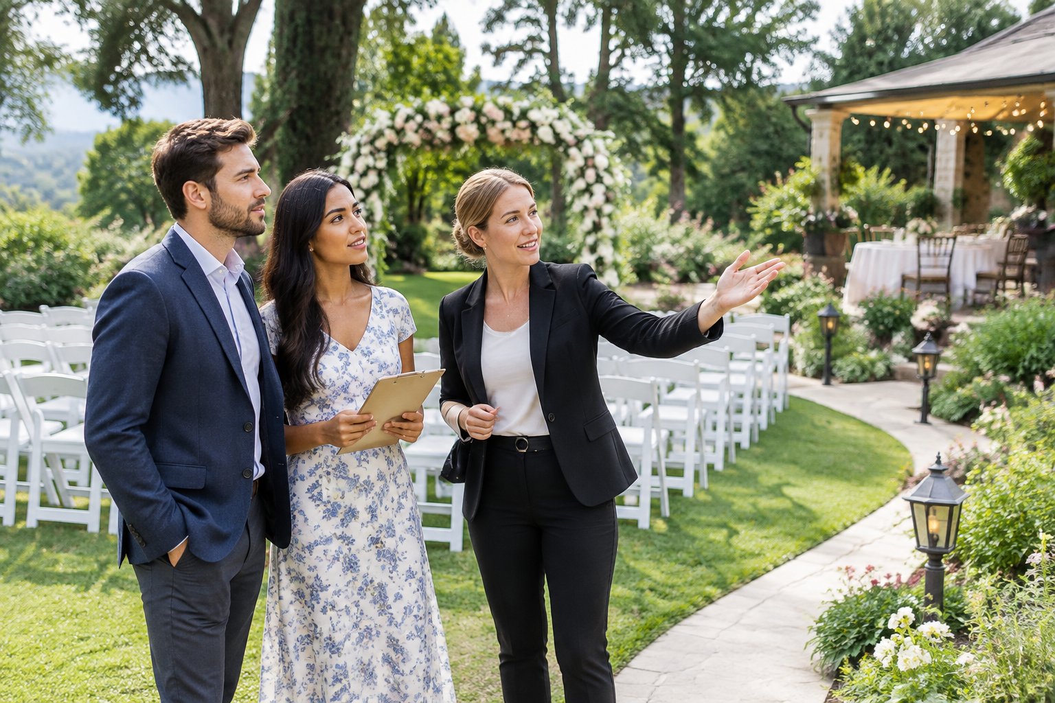 A couple tours a landscaped garden wedding venue with a coordinator near a decorated ceremony area.