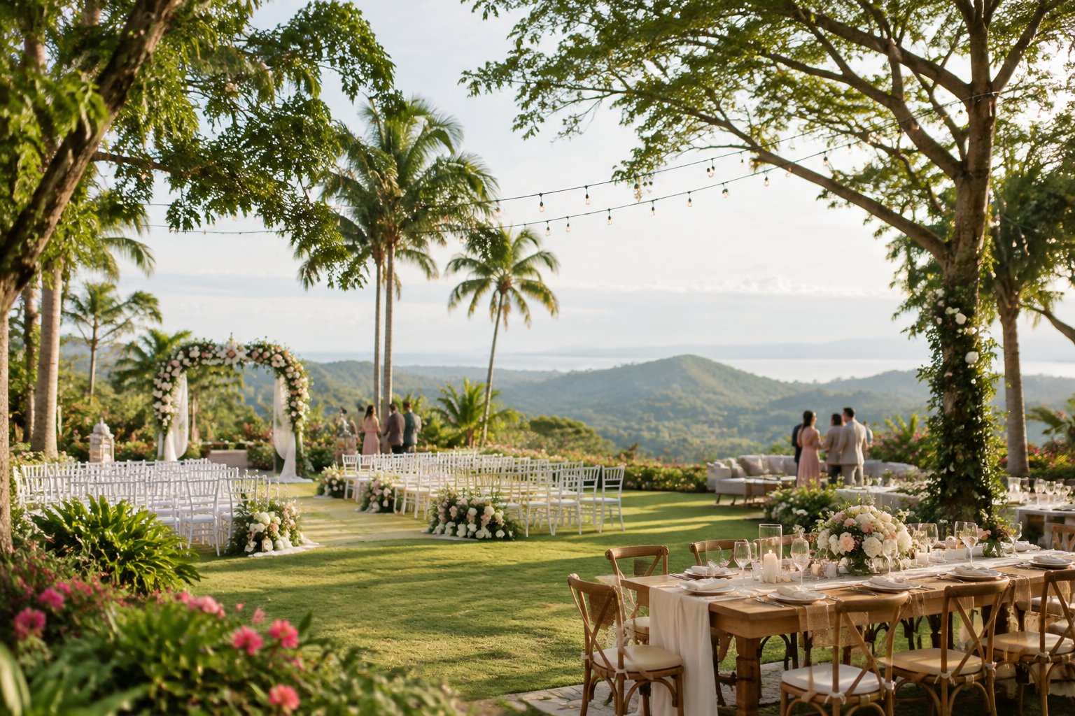 An elegant outdoor wedding setup in a lush tropical garden with floral decorations, white chairs, and distant hills.