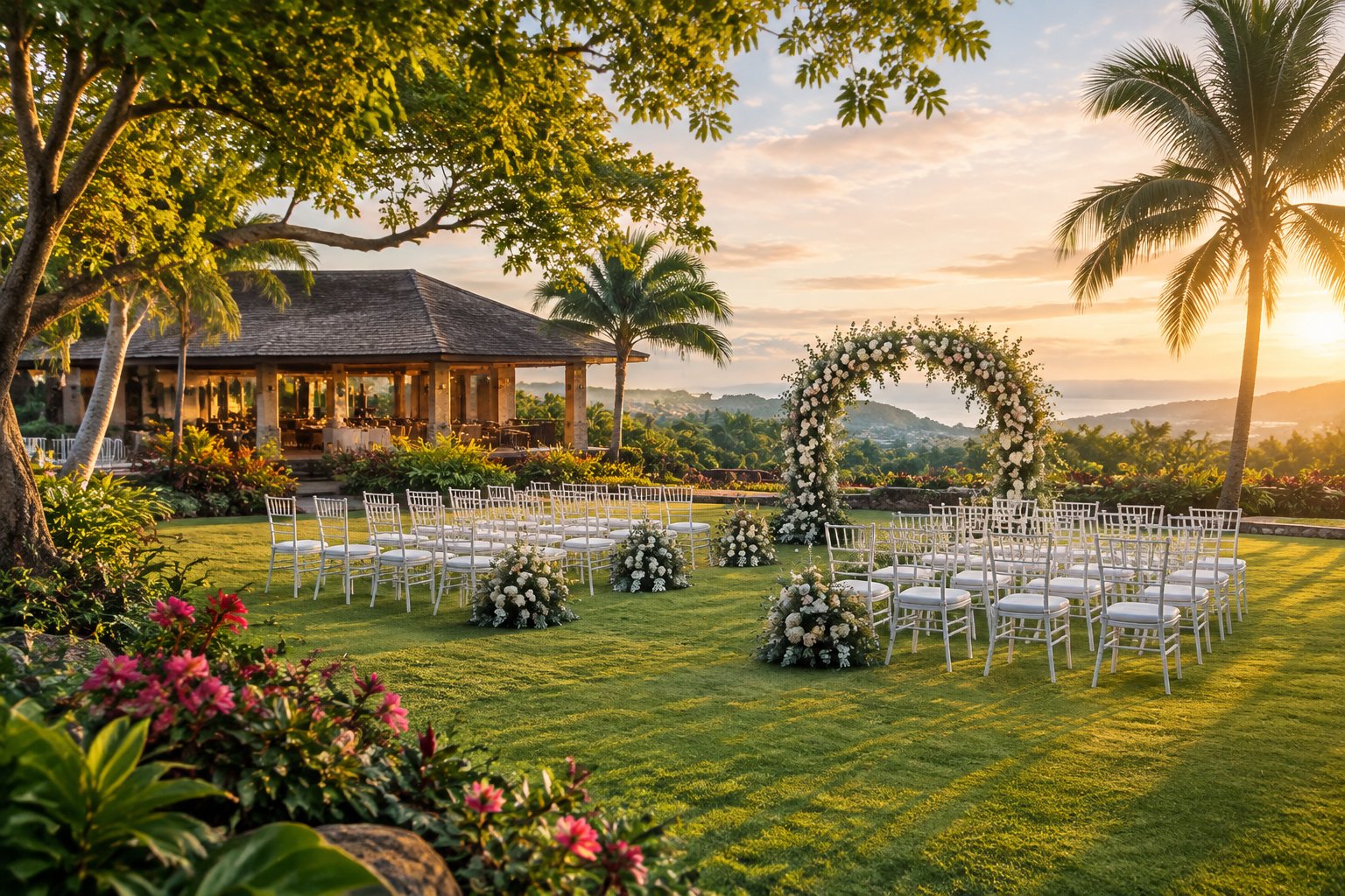 An elegant wedding ceremony setup in a lush tropical garden venue.