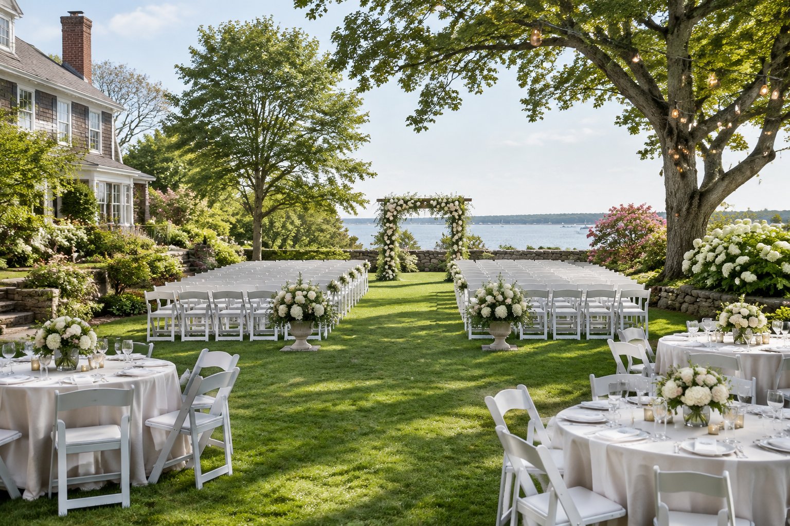 An elegant outdoor wedding venue with a flower-covered arbor, white chairs, landscaped gardens, and reception tables beneath mature trees.