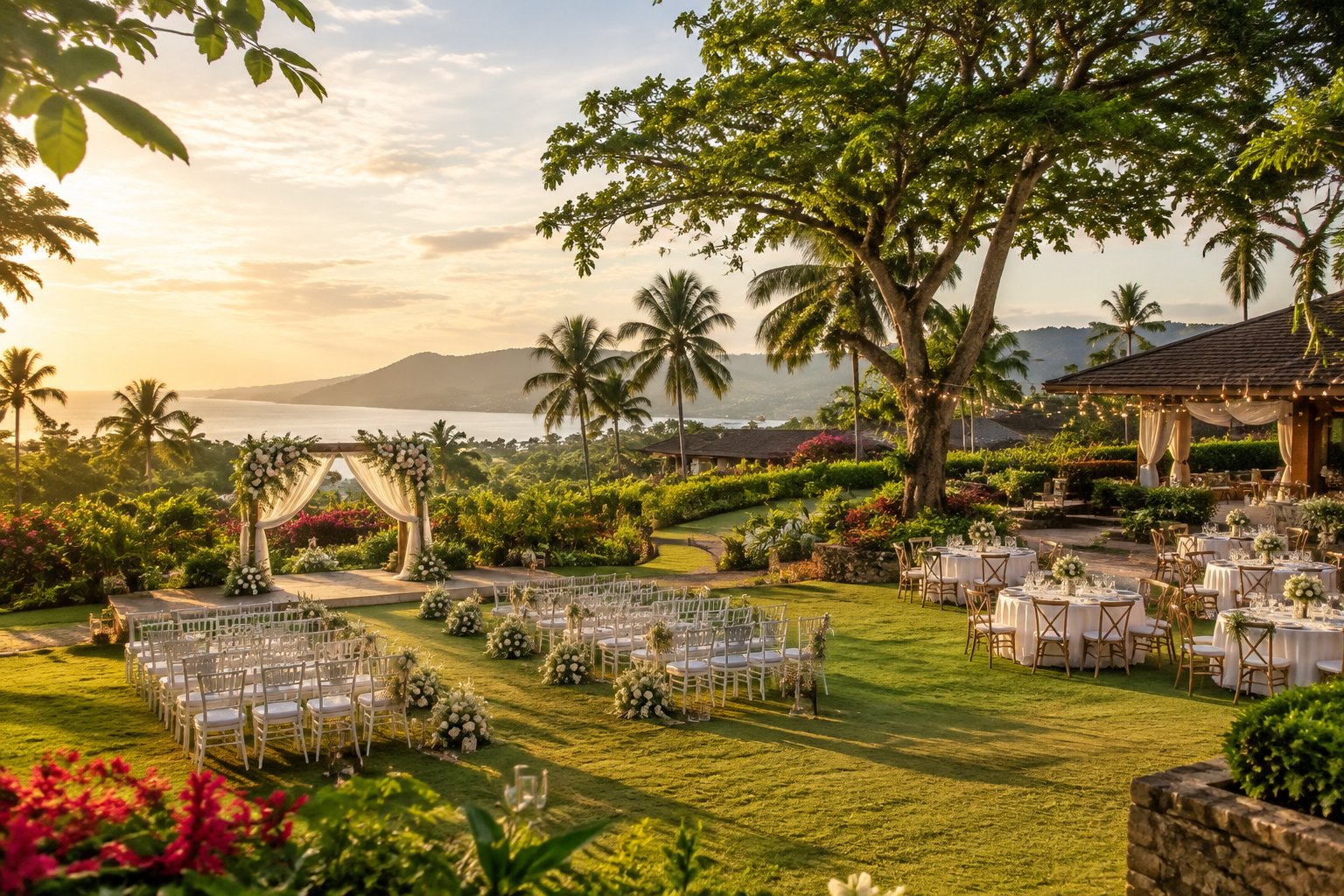 An elegant outdoor wedding ceremony and reception arranged in a lush tropical garden in Batangas.