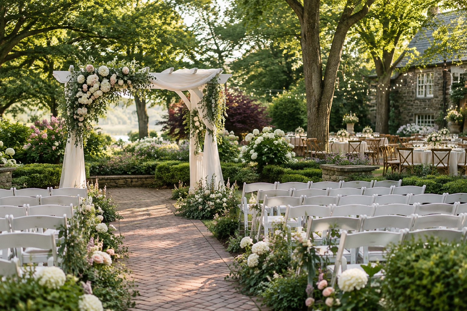 A landscaped garden wedding ceremony with a flower-covered arbor, white chairs, and a reception area beneath mature trees.