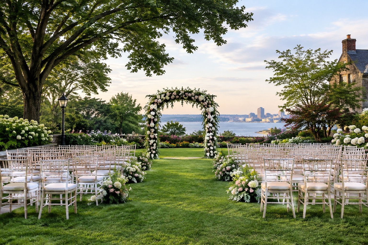 An elegant outdoor wedding ceremony setup in a lush garden with floral decorations and rows of chairs.