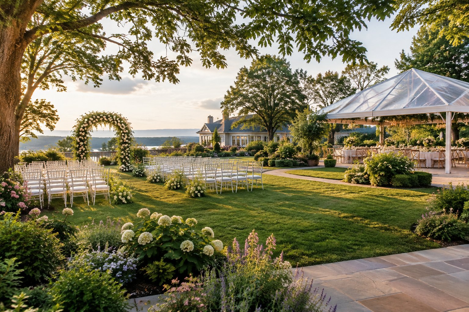 Elegant outdoor wedding ceremony setup in a landscaped garden.
