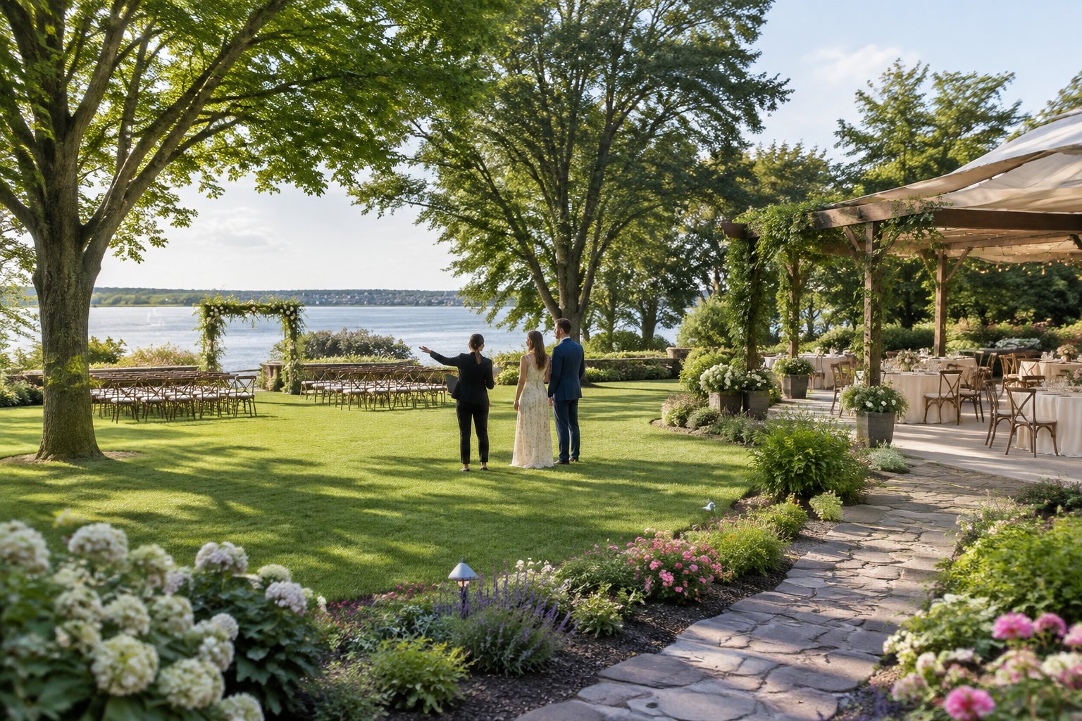 A couple and wedding planner examine a landscaped garden wedding venue with a lawn, flowering borders, trees, and an outdoor reception area.