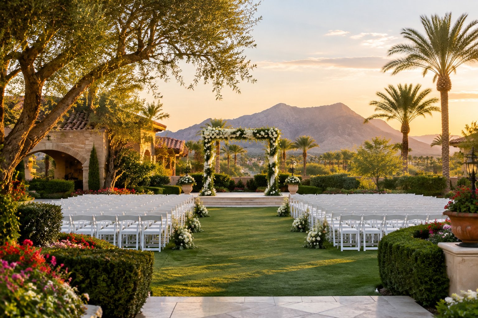 A landscaped Las Vegas garden wedding venue with white chairs, a floral arbor, flowering plants, and desert mountains in the background.