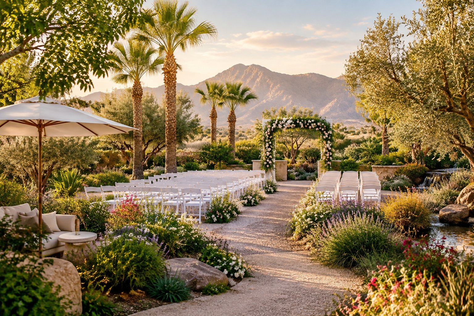 A lush garden wedding venue with floral decorations, white chairs, and desert mountains in the background.