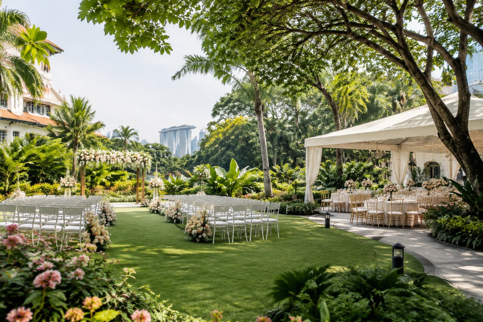 An elegant wedding ceremony setup in a lush tropical garden with white chairs, floral decorations, and a reception canopy.