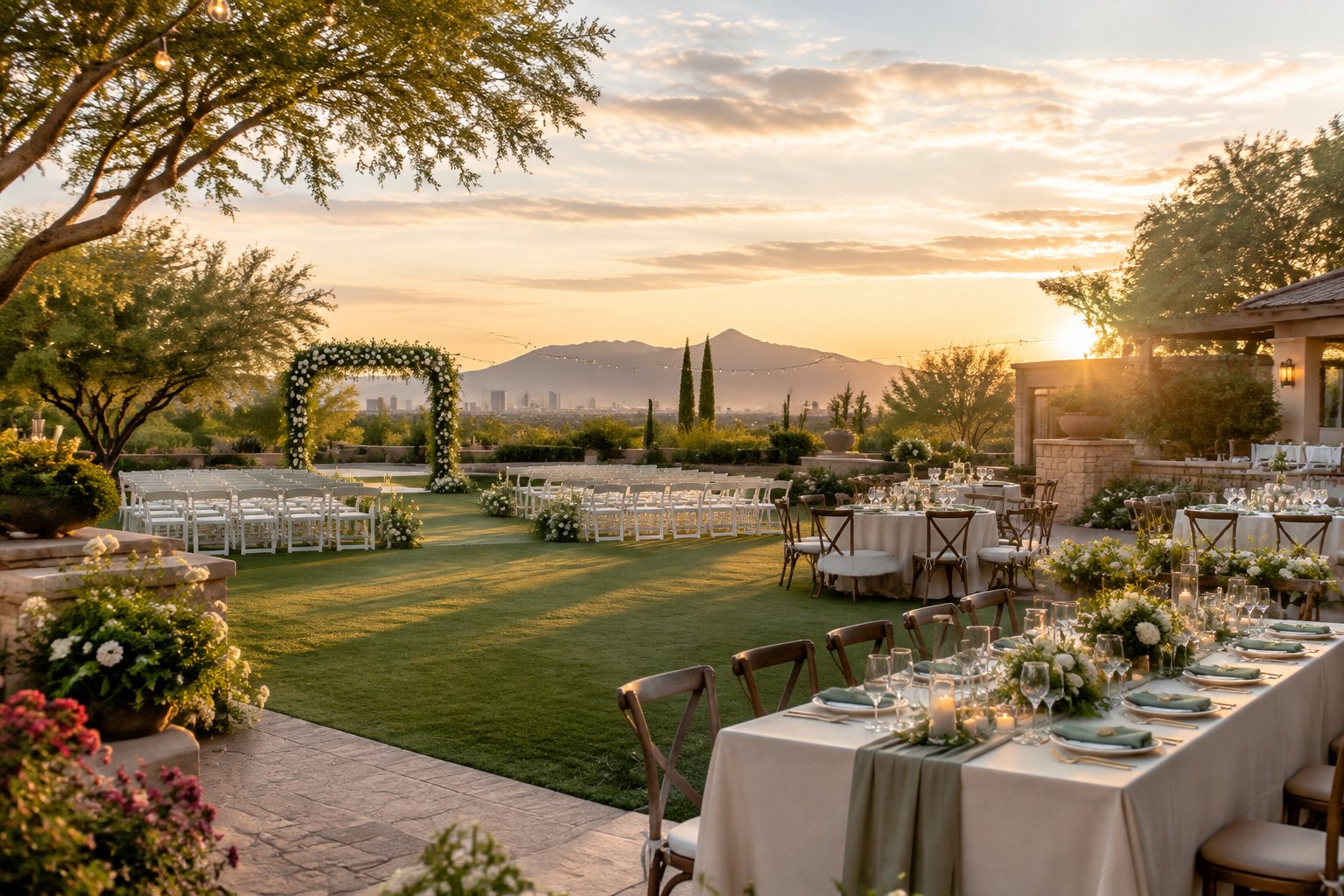 An elegant garden wedding venue with a floral ceremony arch, arranged chairs, decorated tables, and lush landscaping.
