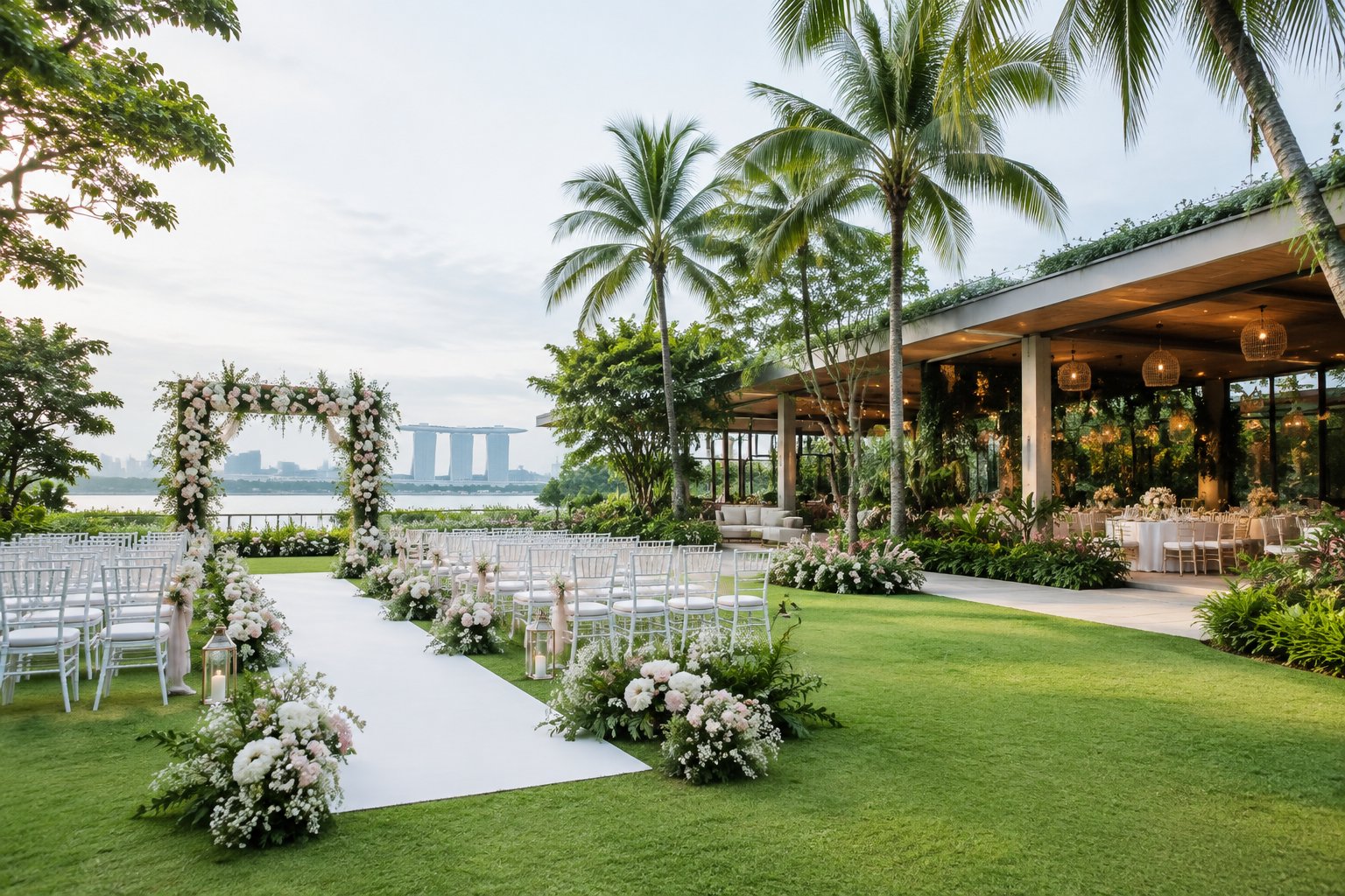 A decorated garden wedding venue with a floral ceremony arch, guest chairs, tropical greenery, and a reception area.