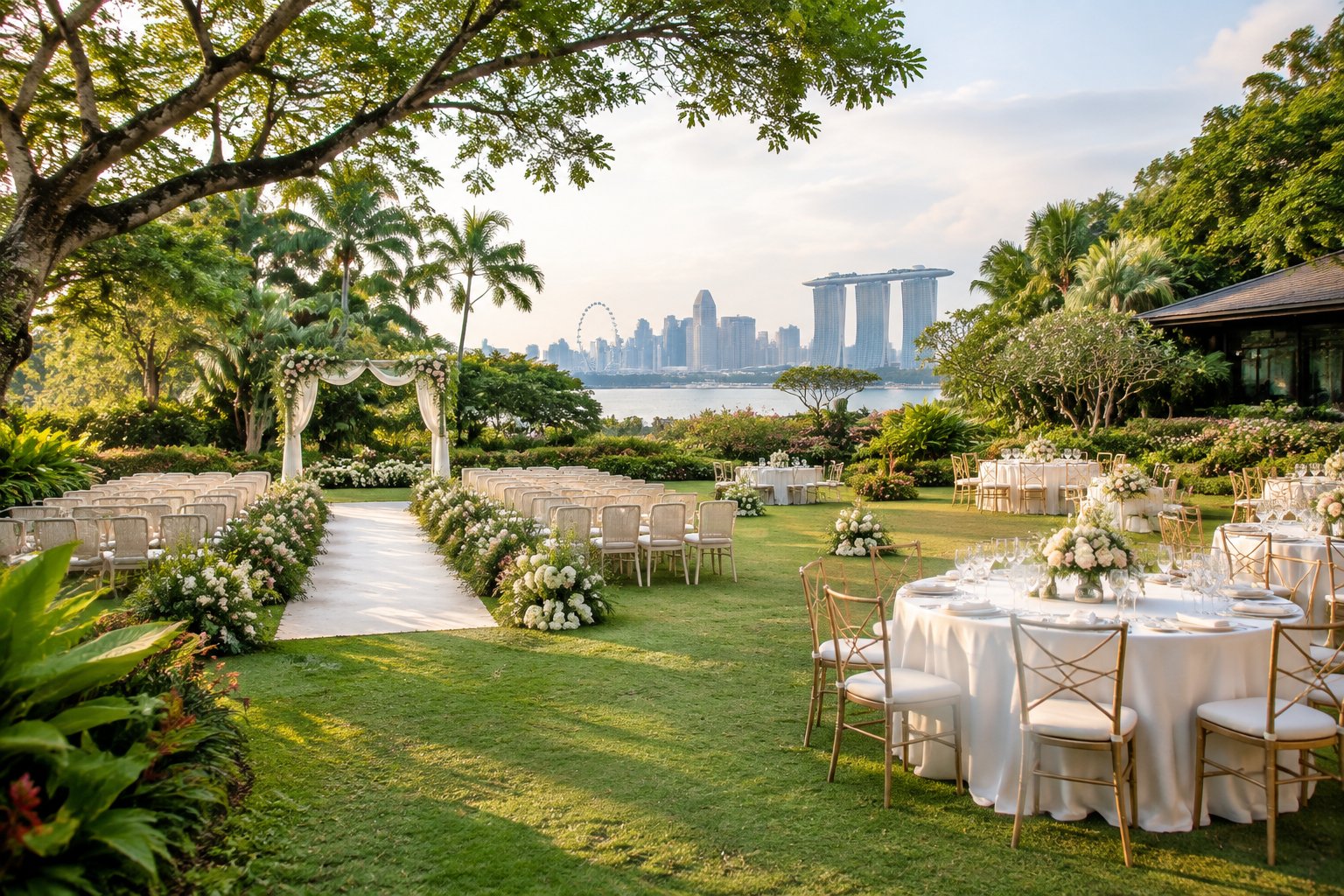 An elegant garden wedding venue with tropical greenery, a ceremony arch, and arranged reception tables.