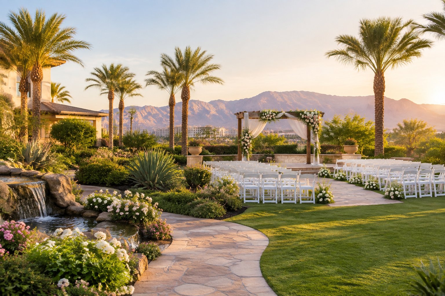 A landscaped Las Vegas garden wedding venue with flowering plants, palm trees, a ceremony arbor, and neatly arranged white chairs.