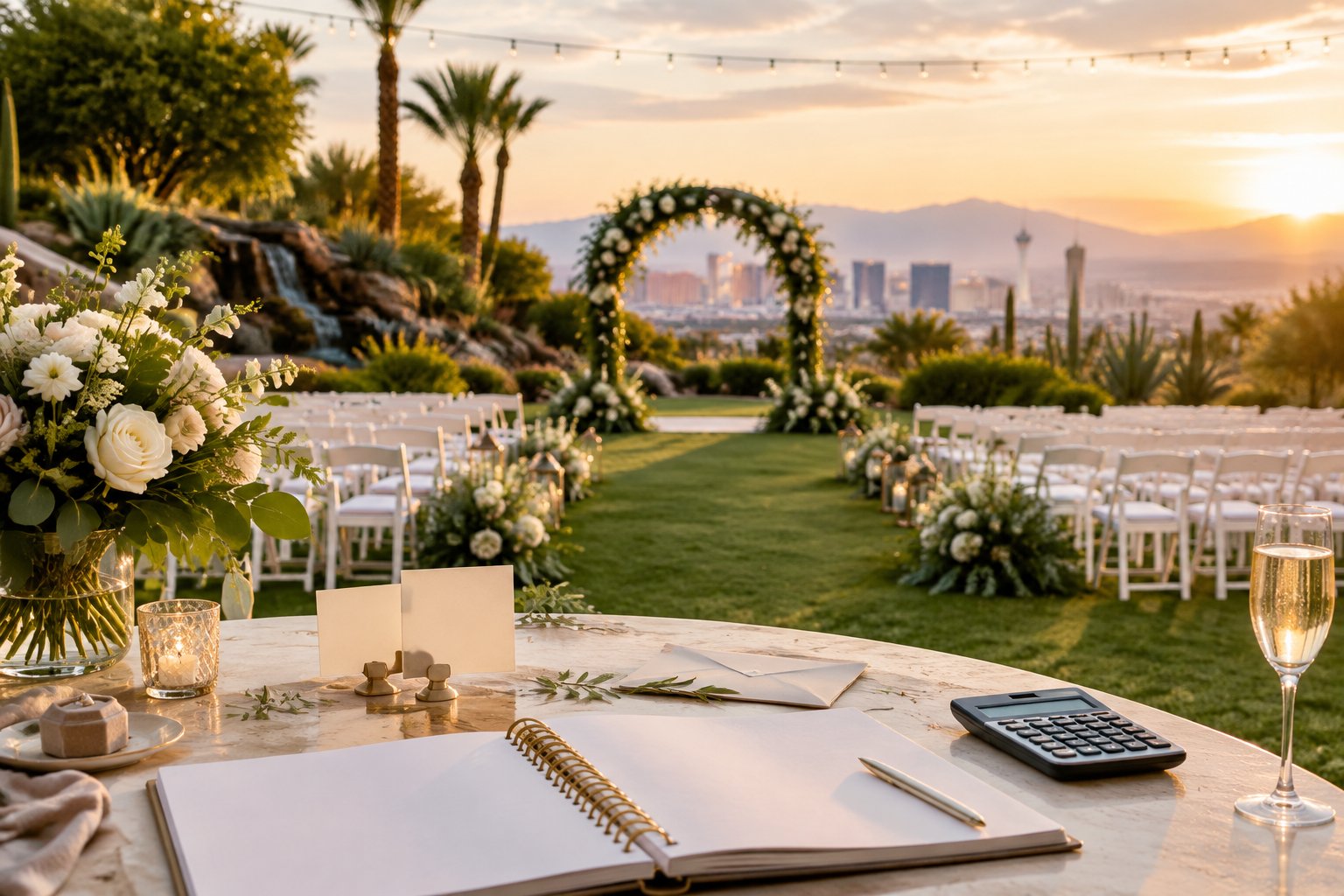 An elegant outdoor garden wedding venue in Las Vegas with a floral arch, seating, greenery, and wedding planning items on a nearby table.