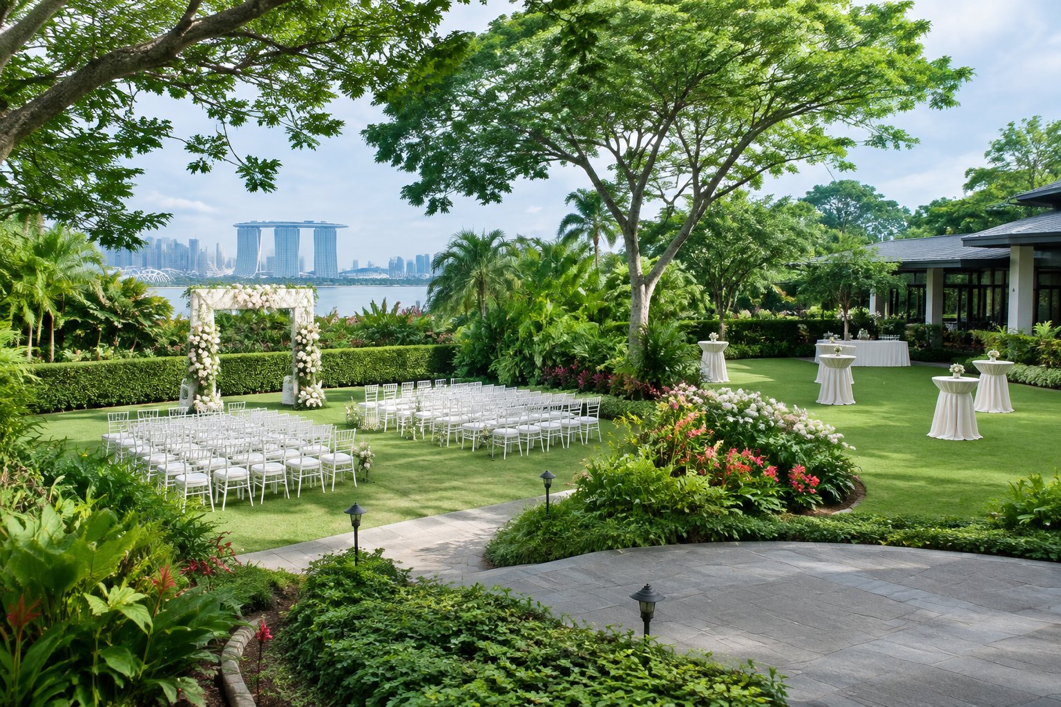 A landscaped garden wedding venue with white chairs, a floral arch, and flexible open lawn spaces surrounded by tropical greenery.