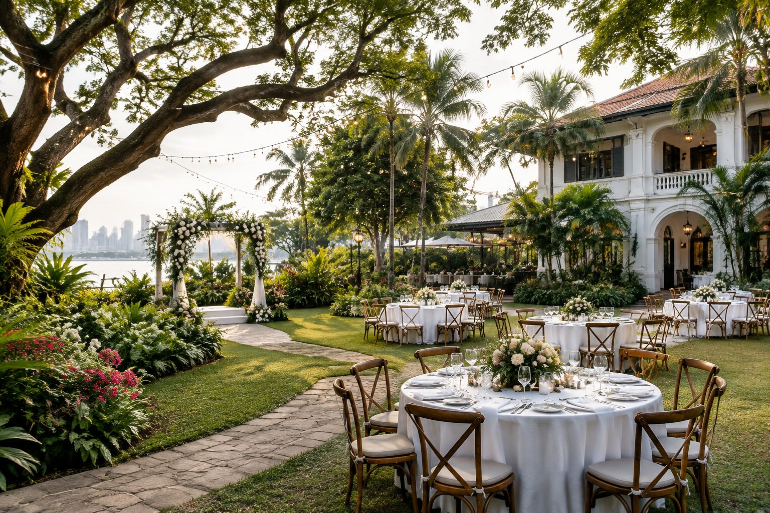 An elegant wedding reception set in a lush heritage garden beside a restaurant terrace.
