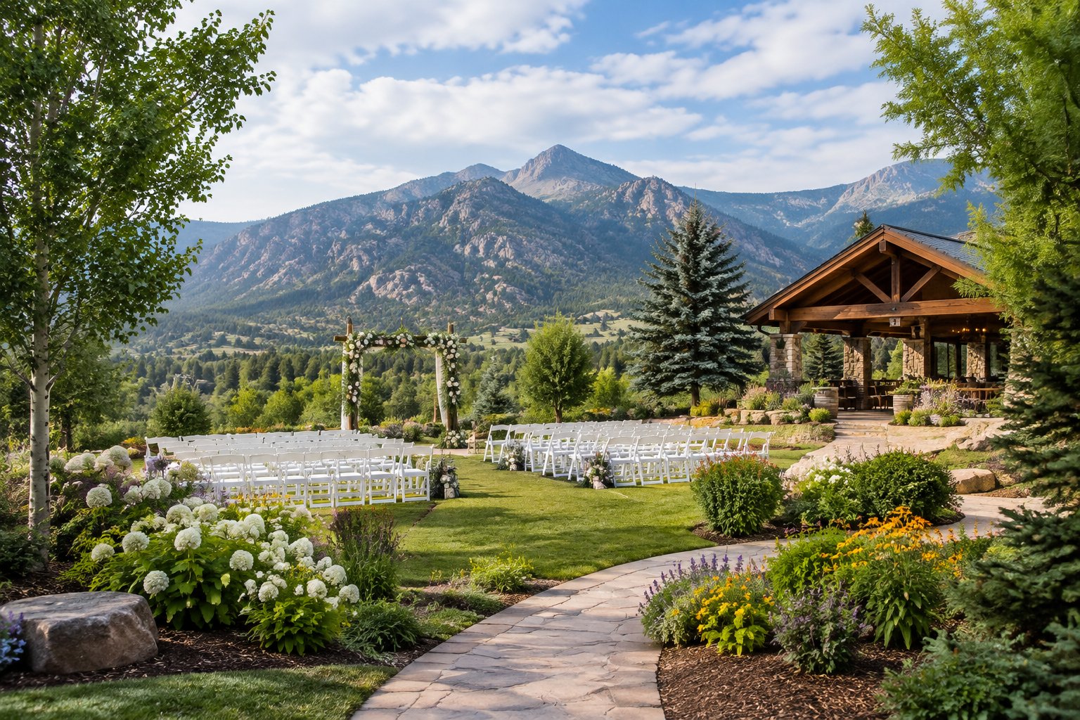 An elegant garden wedding venue with flower beds, white ceremony chairs, and Rocky Mountain peaks in the background.