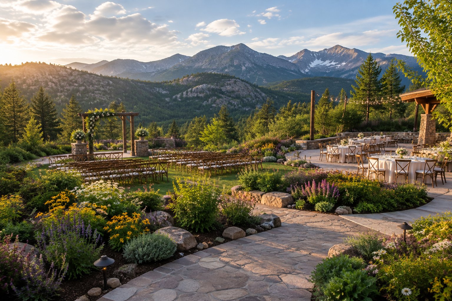 A landscaped mountain garden wedding venue with flower beds, ceremony seating, and Rocky Mountain peaks in the background.