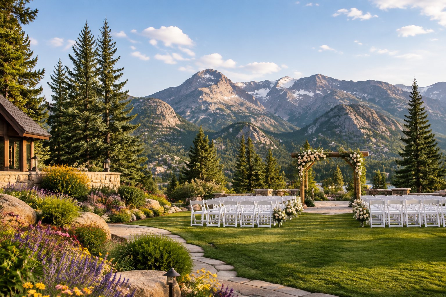 A landscaped garden wedding venue with floral beds, ceremony chairs, and Rocky Mountain views.
