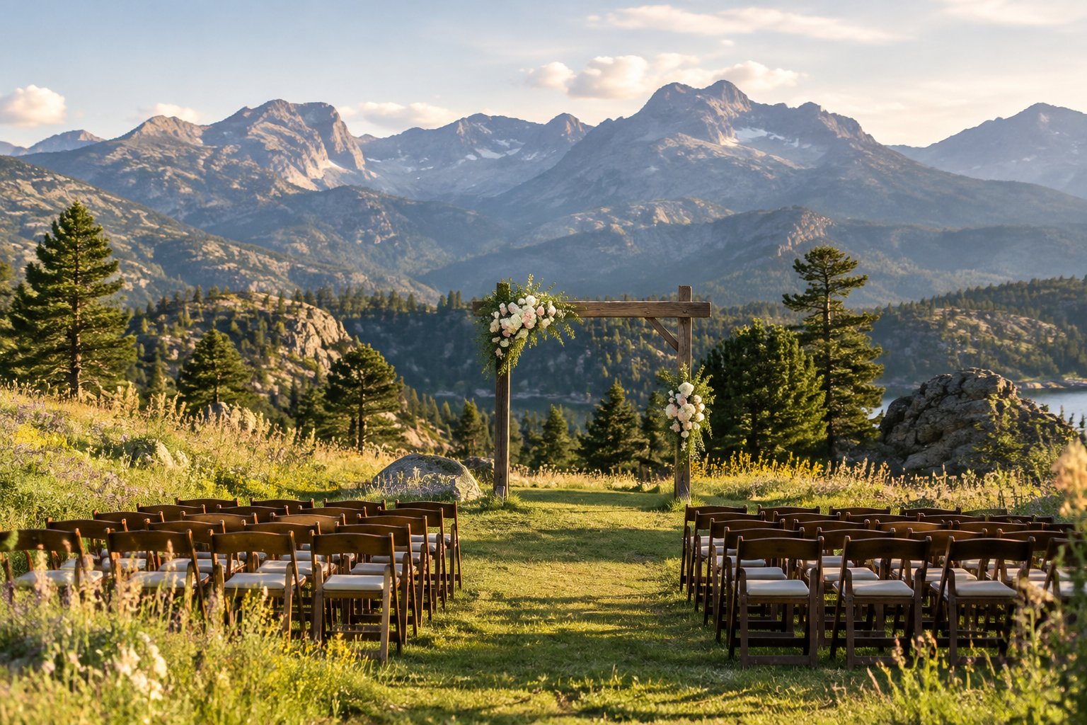 An outdoor wedding ceremony setup in an alpine meadow with Rocky Mountain peaks in the background.
