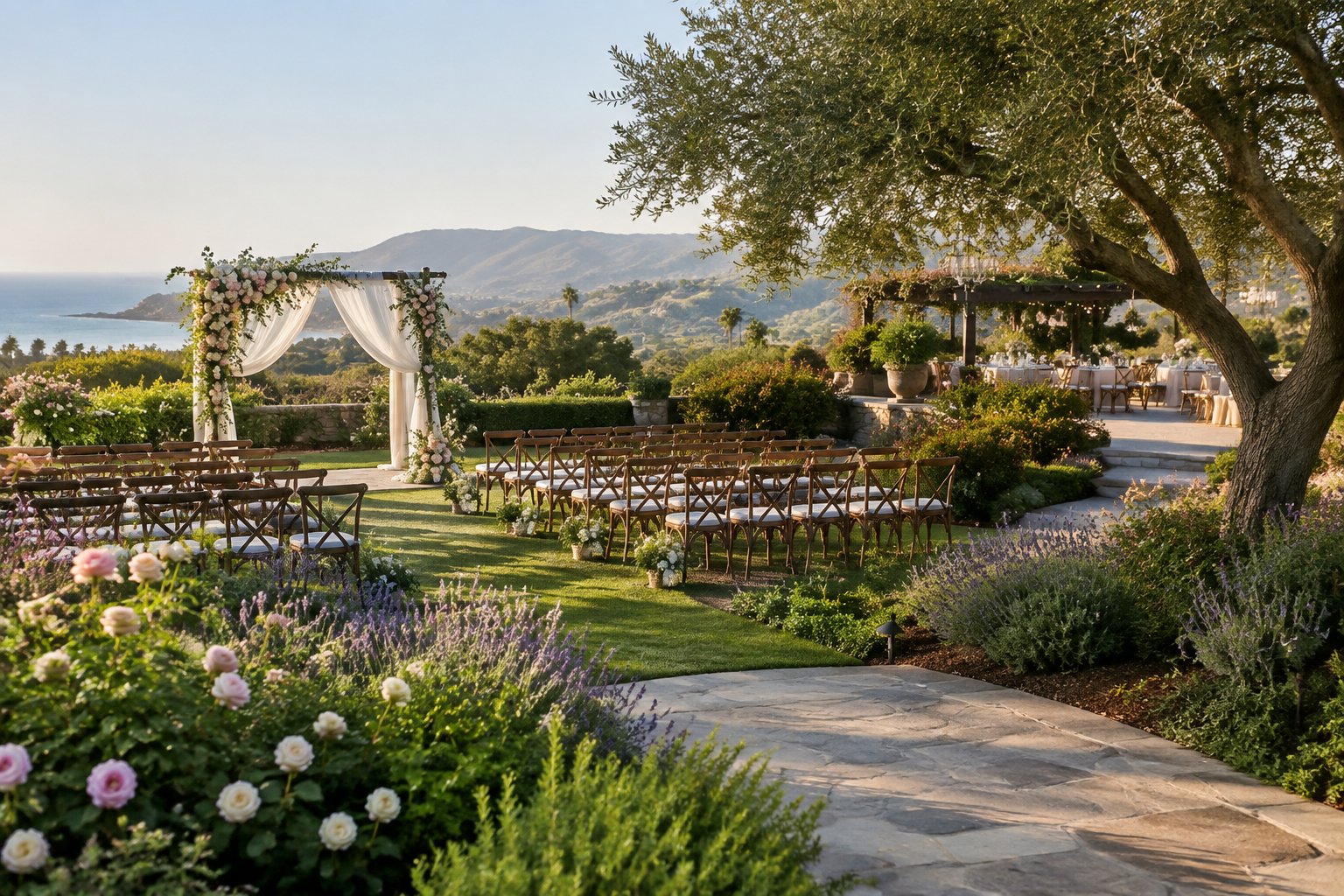 Outdoor wedding ceremony setup in a lush garden with floral decorations, chairs, and coastal hills in the background.