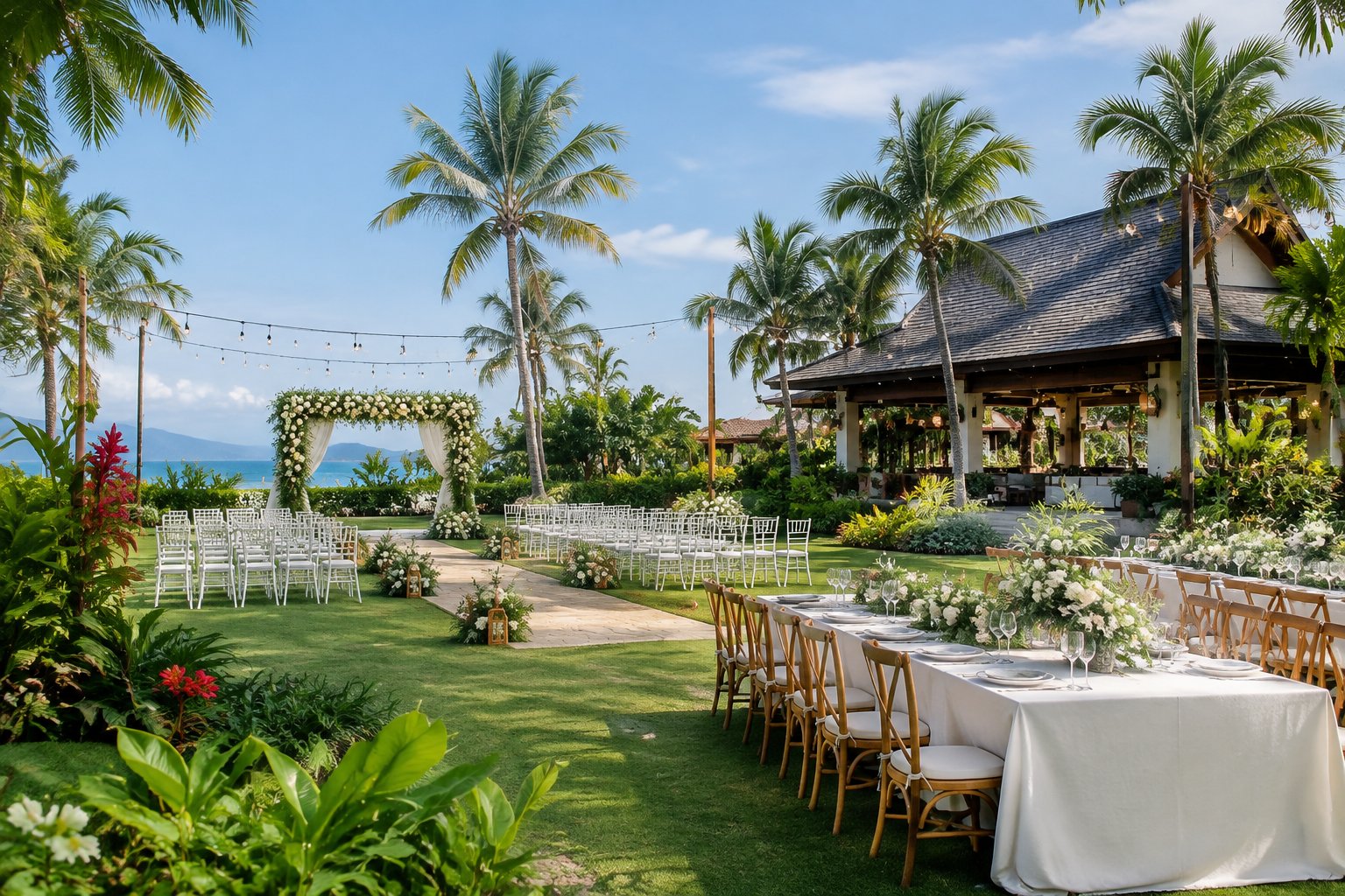 A tropical garden wedding venue in the Philippines with a floral ceremony arch, white chairs, manicured lawns, and decorated reception tables.