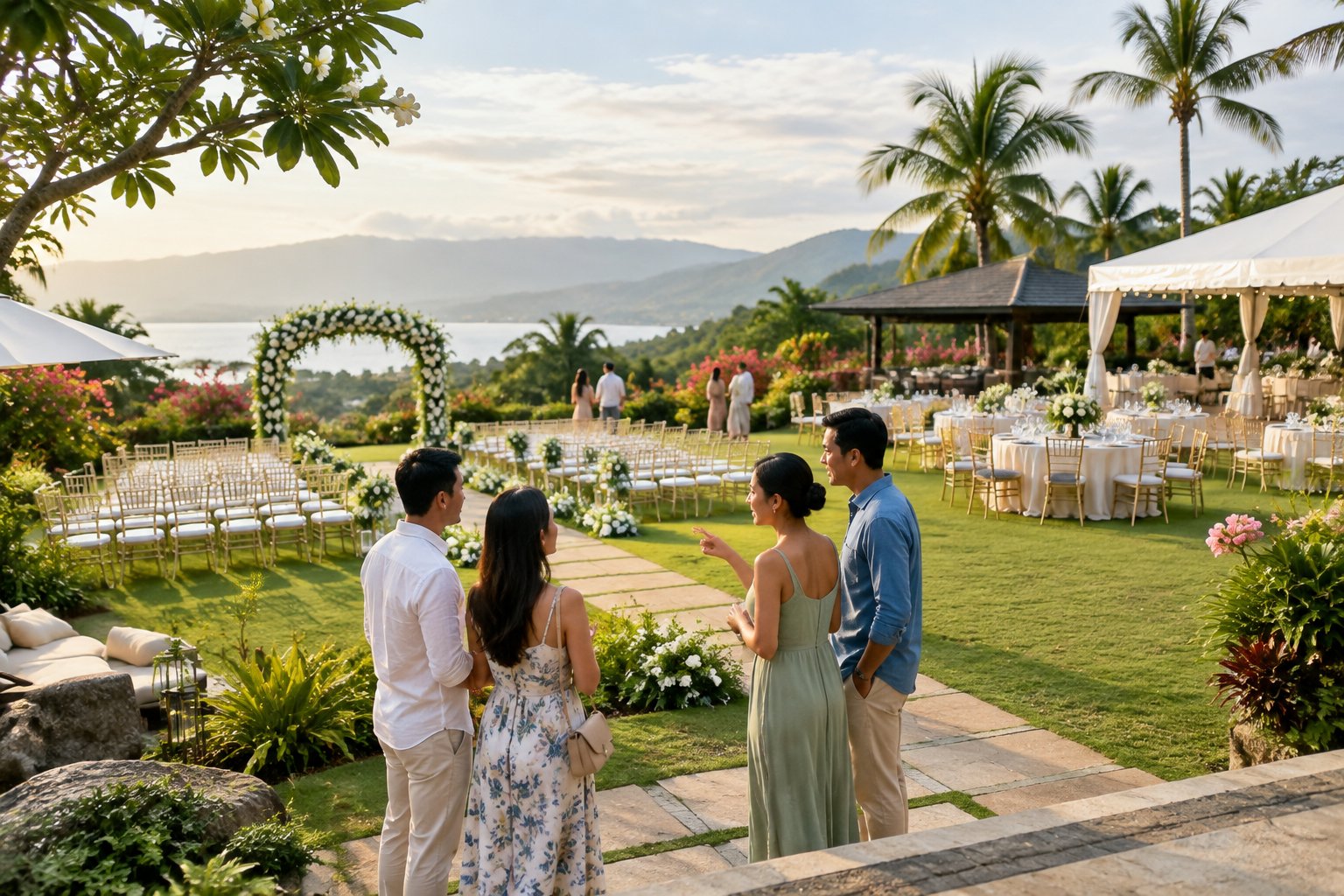 A Filipino couple and guests explore an elegant tropical garden wedding venue with a floral ceremony arch, seating, and reception tables.