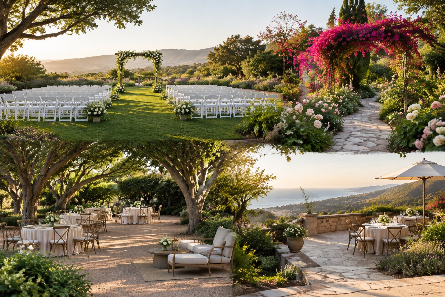 A landscaped garden wedding venue with ceremony chairs, floral decorations, shaded trees, and distant California hills.