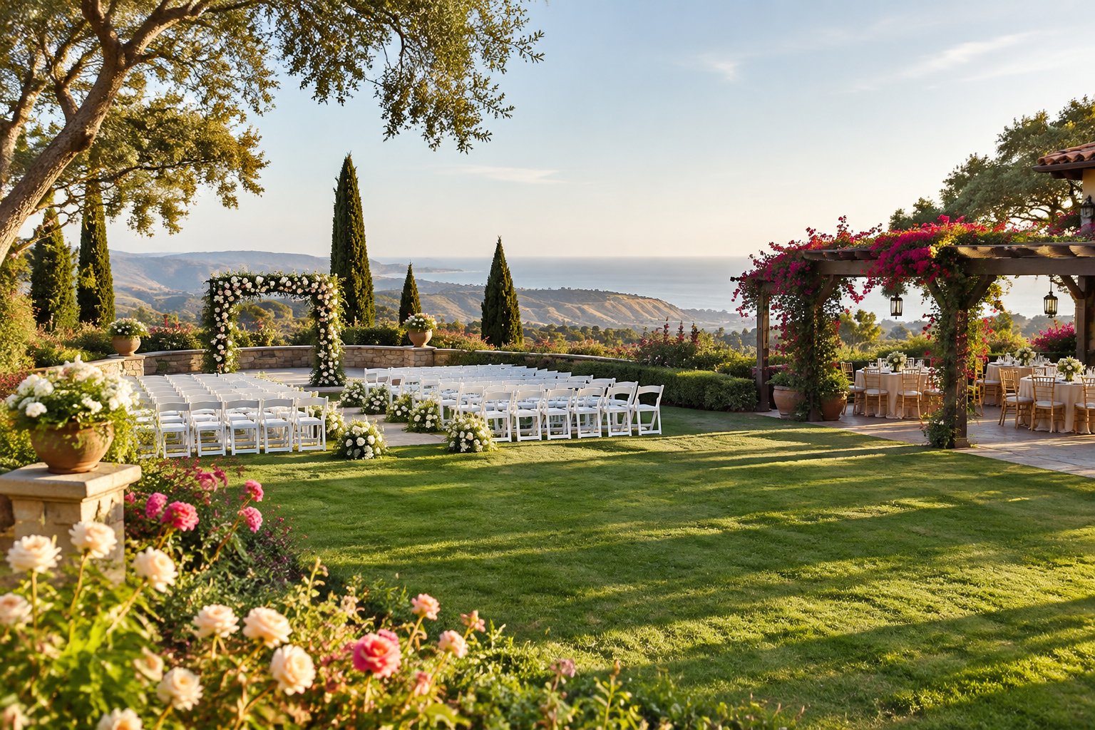 A landscaped garden wedding venue with flowering plants, a ceremony arch, white chairs, and distant coastal hills.