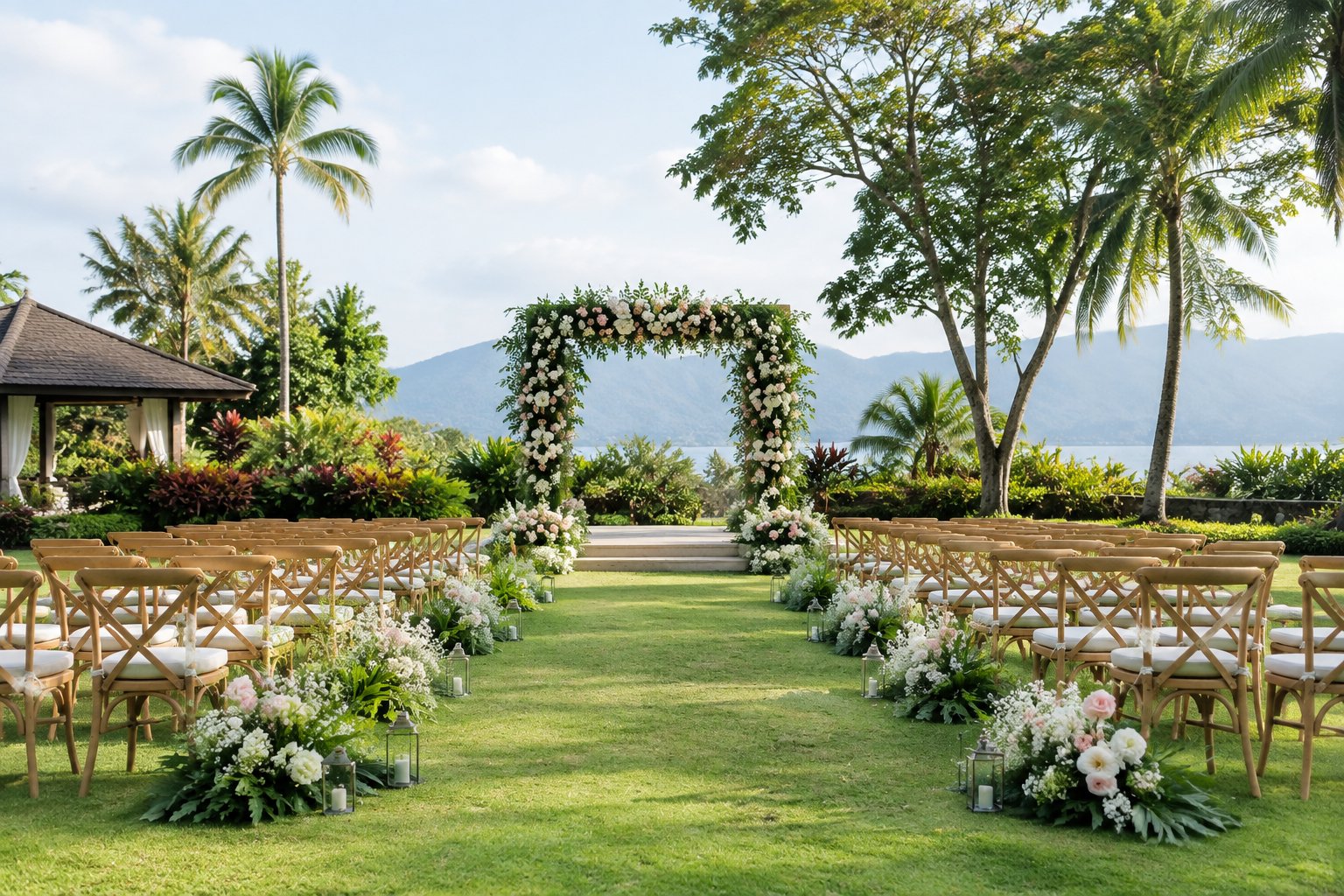 An elegant wedding ceremony setup in a lush tropical garden.