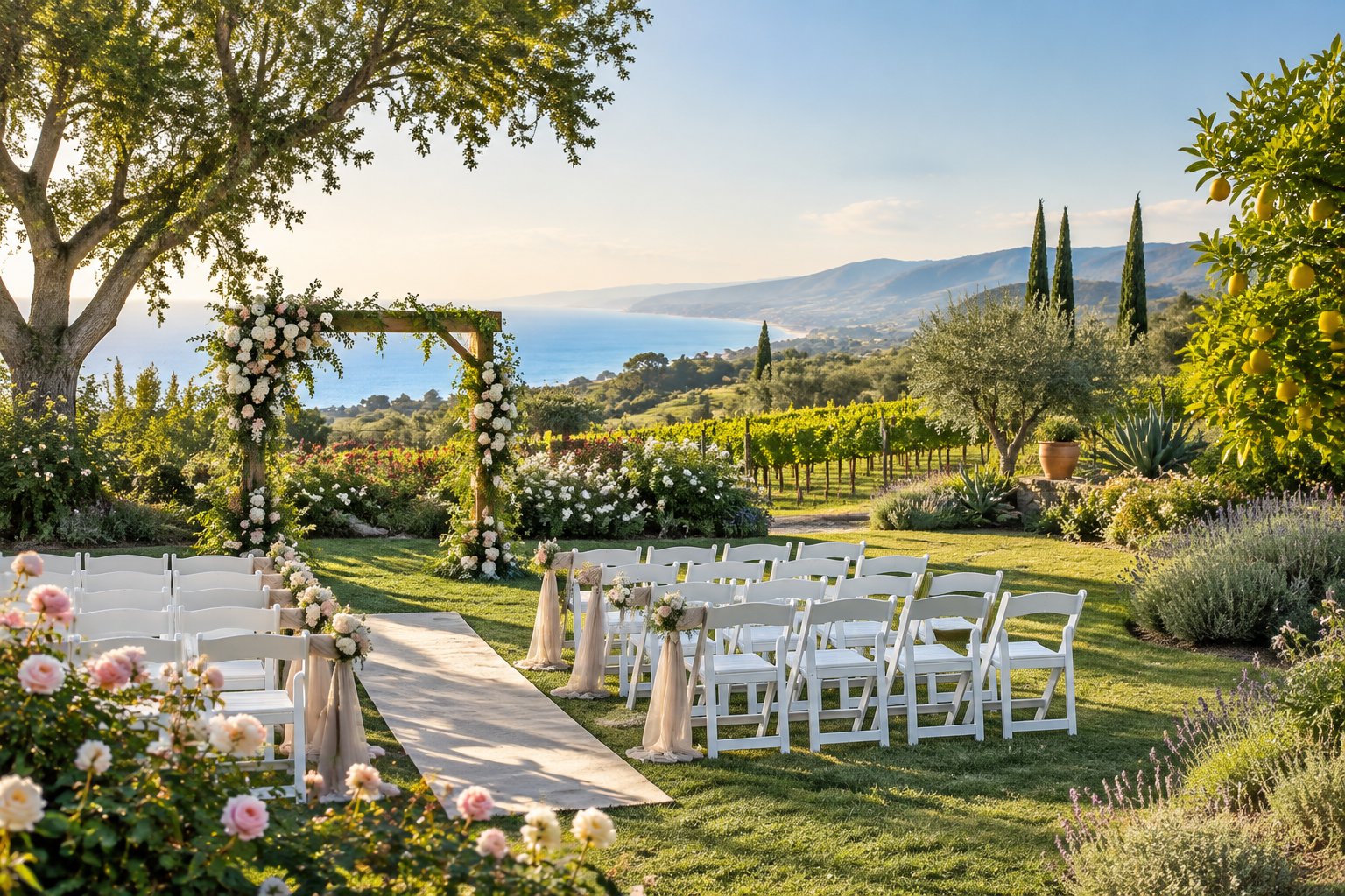 An elegant outdoor wedding ceremony setup in a lush garden with flowering plants, trees, and distant hills.