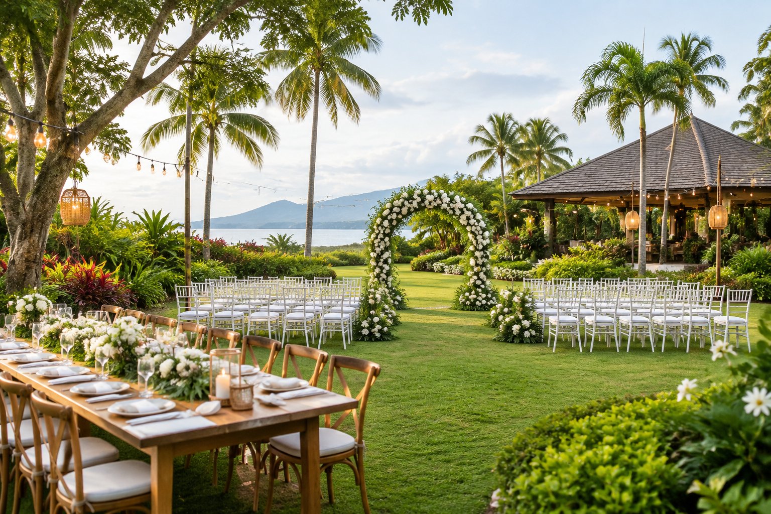 A decorated garden wedding venue with a floral arch, white chairs, and a reception table surrounded by tropical greenery.