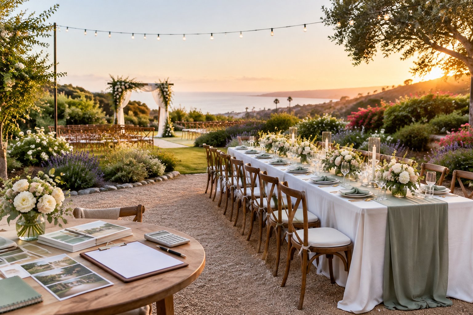 An elegant garden wedding reception set among lush greenery and flowers.