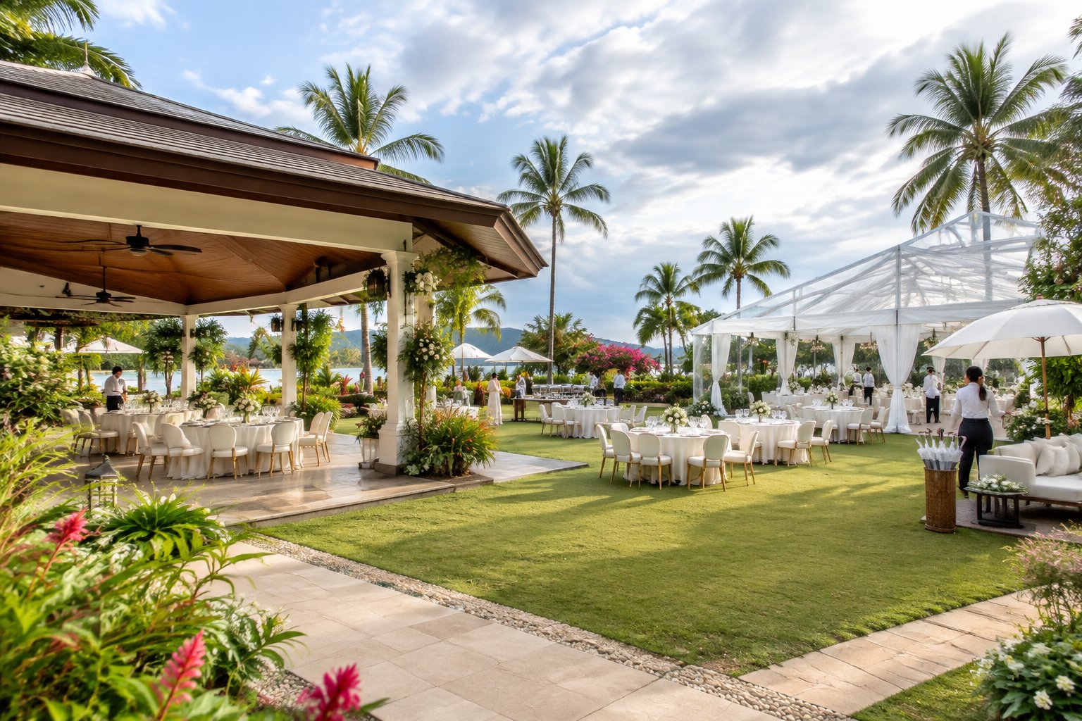 A comfortable outdoor wedding reception set in a lush tropical garden with covered seating and umbrellas.
