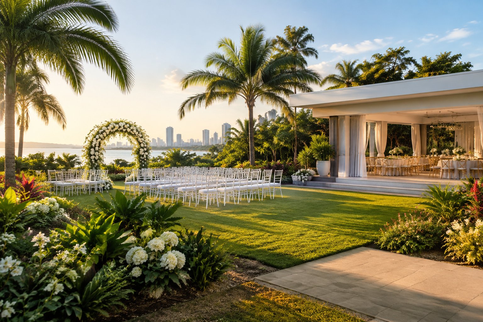 An elegant outdoor wedding ceremony setup in a lush garden venue on the Gold Coast.