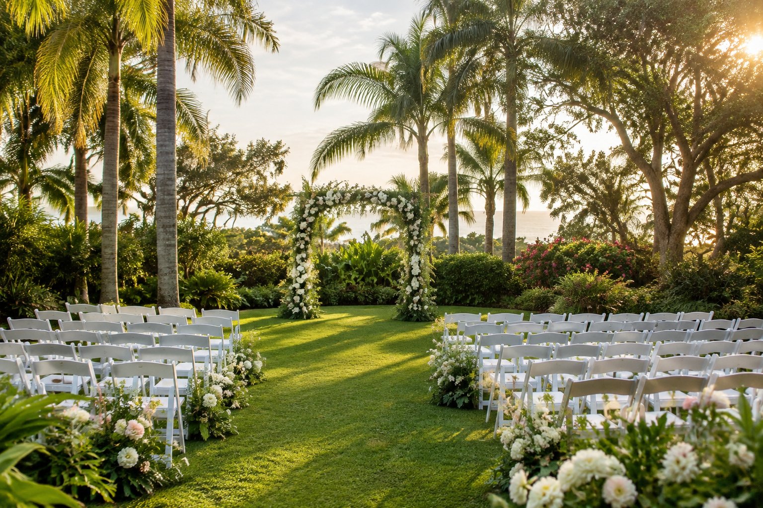 An elegant wedding ceremony setup in a lush subtropical garden with a floral arch and rows of chairs.