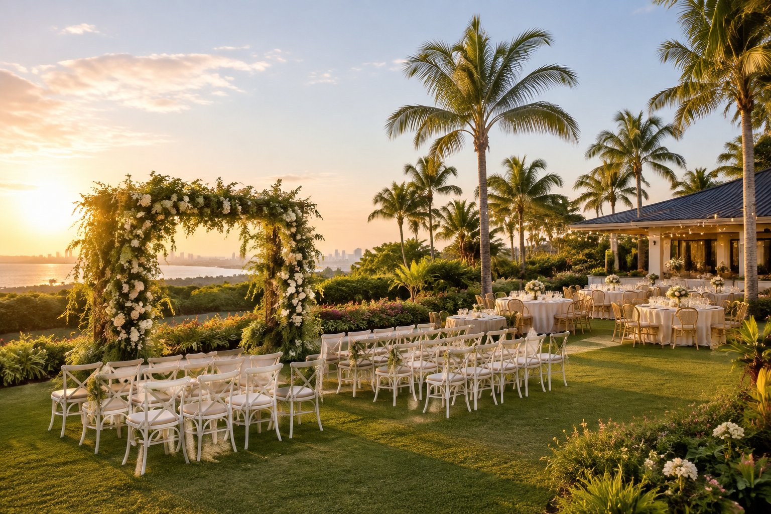 Elegant outdoor wedding ceremony and reception in a lush landscaped garden.