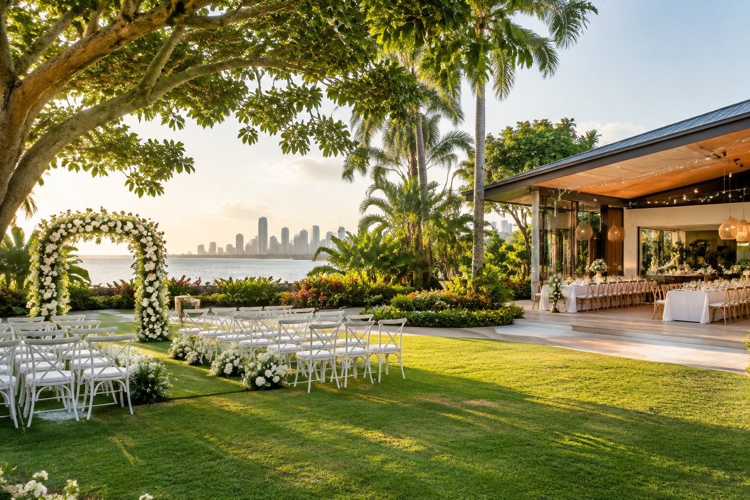 A garden wedding venue with a ceremony area and decorated reception tables surrounded by lush greenery.