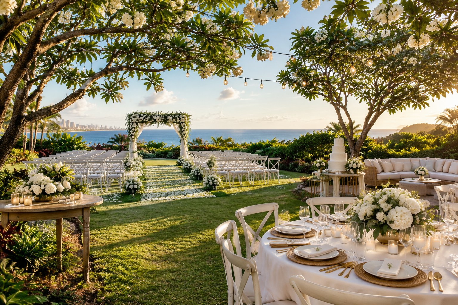 An elegant outdoor wedding ceremony and reception setup in a lush garden venue.