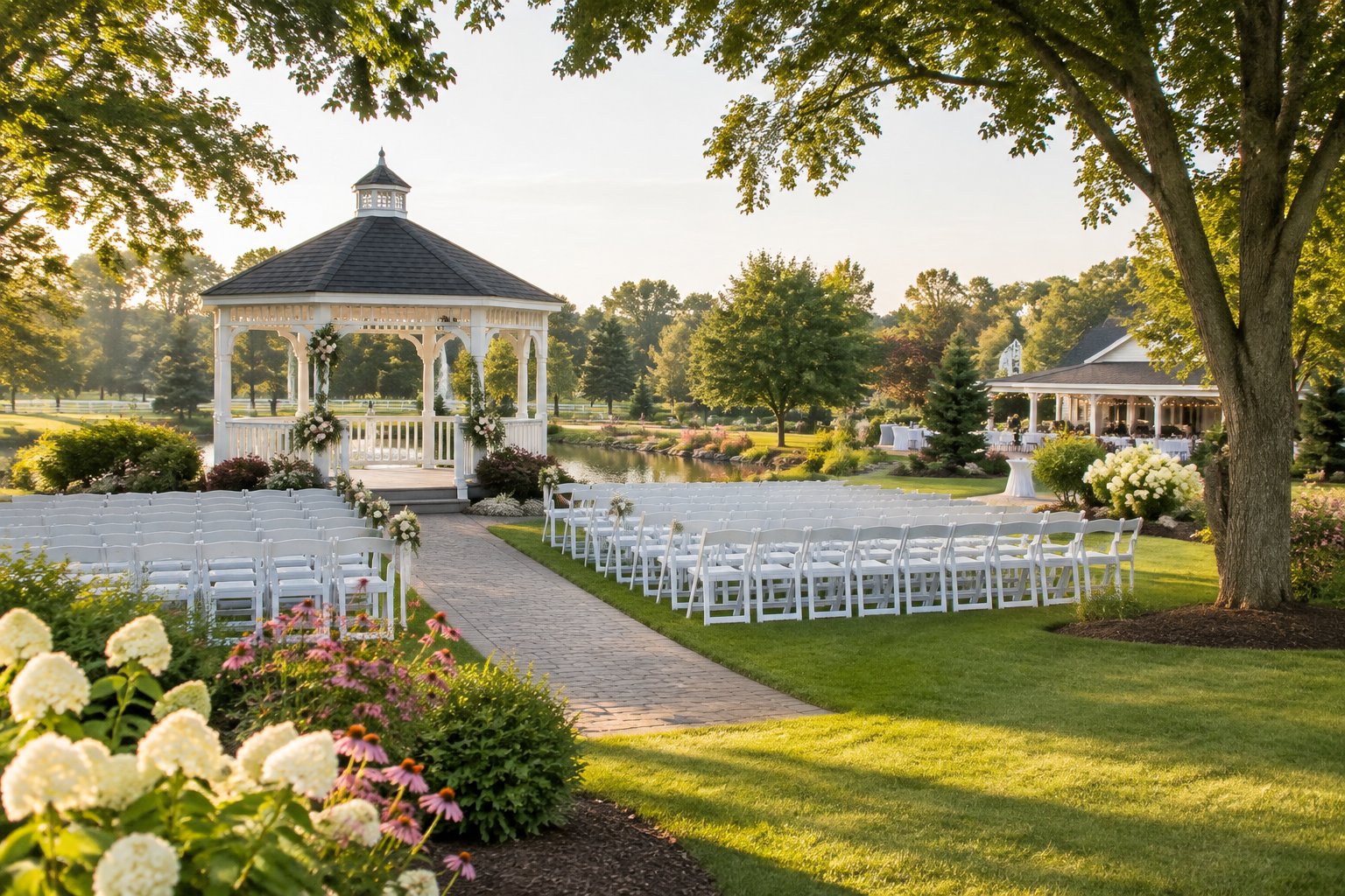 An elegant outdoor wedding ceremony area with white chairs, a floral arbor, and landscaped gardens.