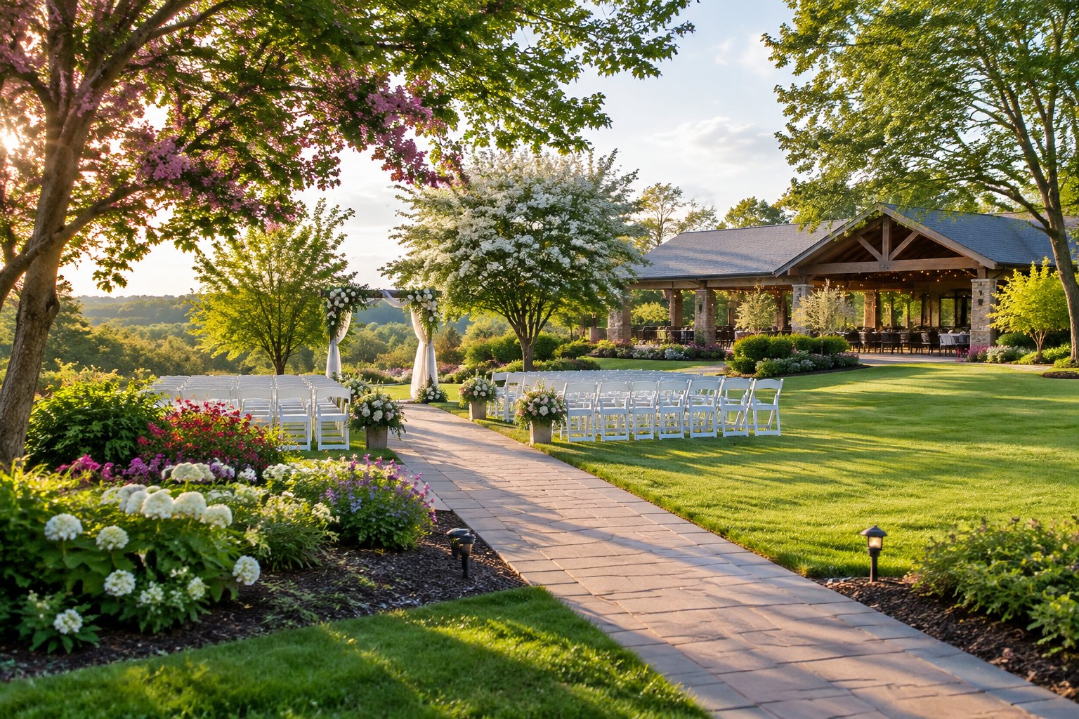 A landscaped garden wedding venue with flowering plants, a ceremony arch, white chairs, and a reception area.